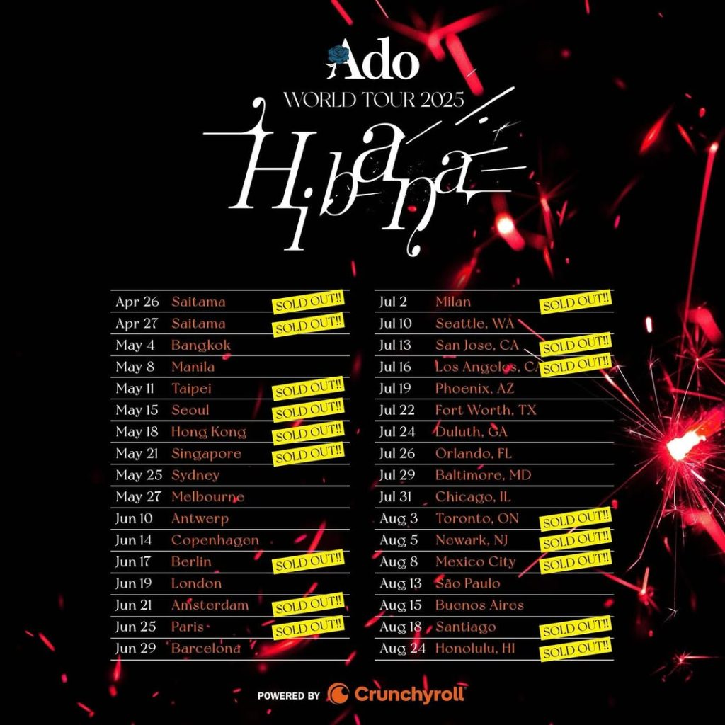 Kota yang akan di kunjungi Ado dalam Tur konser Hibana 2025