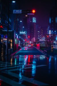 Ghost in the Shell 2026 anime cyberpunk cityscape at night