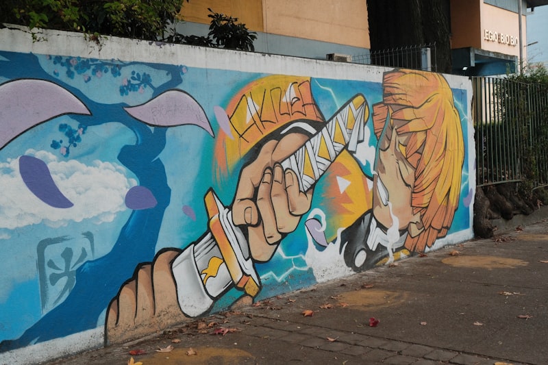 Colorful anime-style street mural featuring manga art