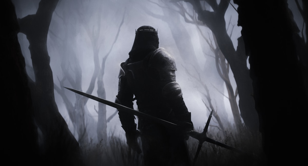Solo Leveling dark fantasy hunter standing in a mystical dungeon