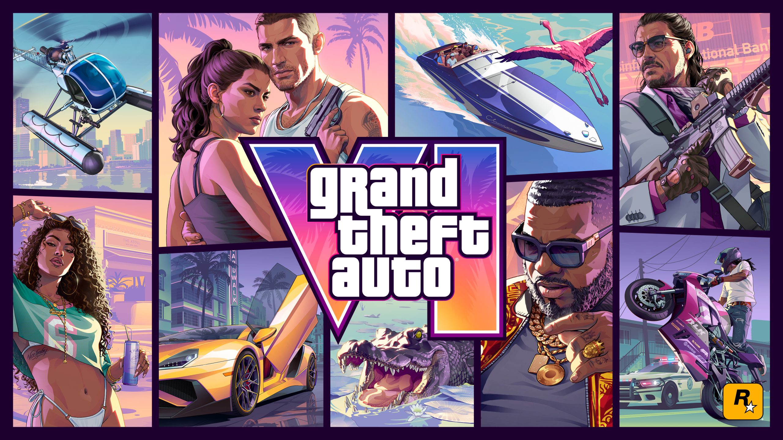 Grand Theft Auto VI official cover art featuring Lucia and Jason in Vice City