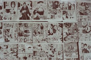 Manga comics and Japanese pop culture artworks collage representing the Big Three anime