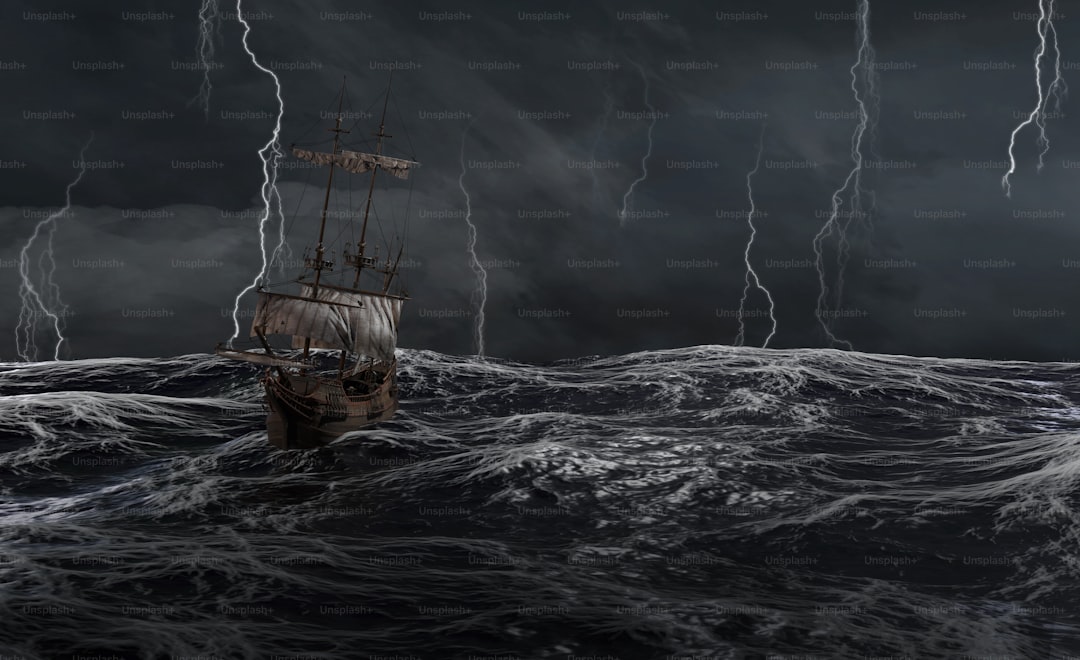 A lone pirate ship braving a massive stormy sea, symbolizing the approaching final war in One Piece