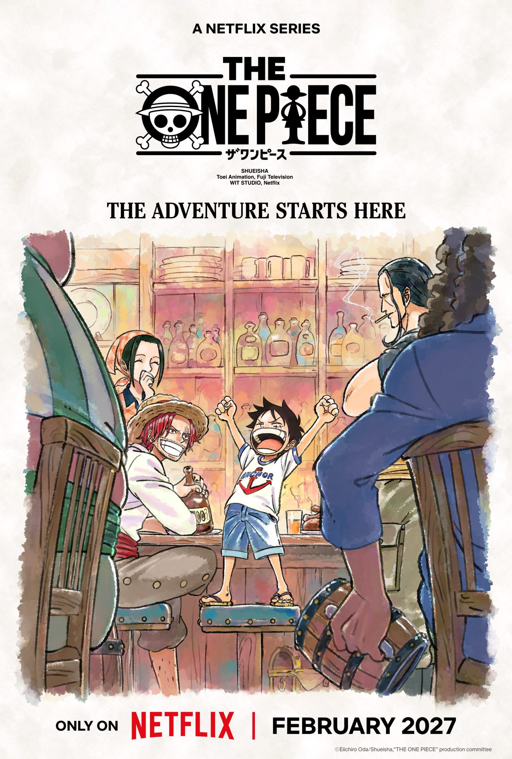 The One Piece Netflix anime remake key art featuring Luffy and Shanks at Partys Bar