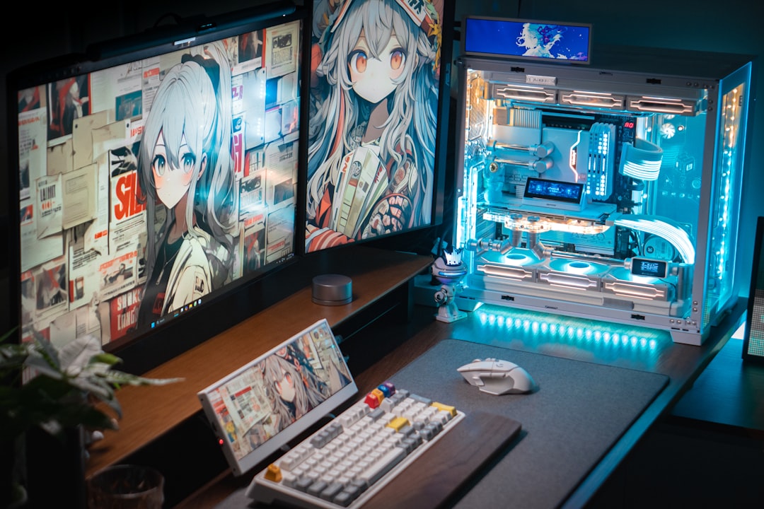 gaming setup with monitors and figurines