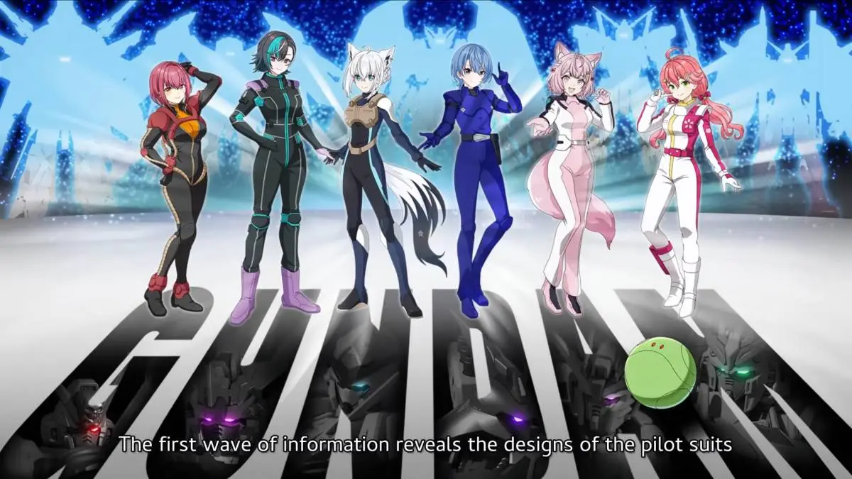 Hololive VTubers in Gundam pilot suits with custom Mobile Suit liveries